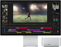 Studio Display XDR mit integriertem Standfuß, der Mac Studio passt perfekt unter das Display, Workflow mit Tools für Videoschnitt und Farbkorrektur auf dem Display